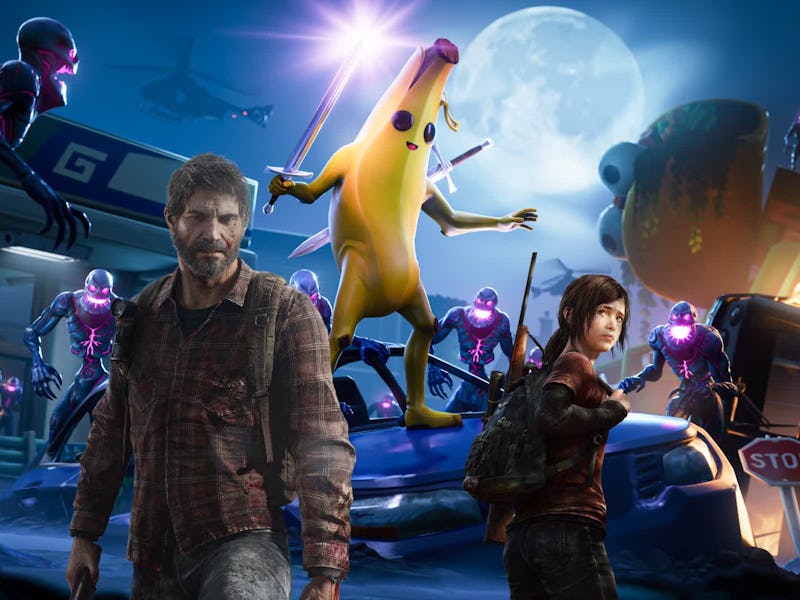 last of us joel and ellie with fortnite peely zombies