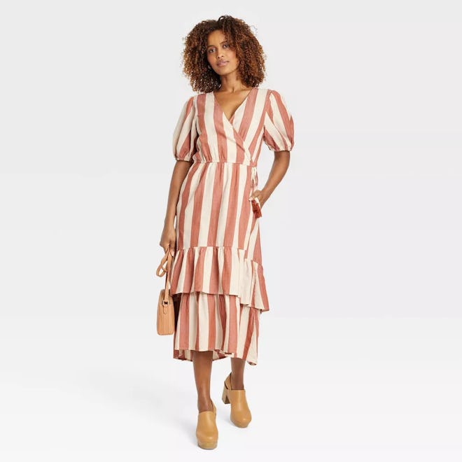 A Mother's Day outfit ideas for neutrals lovers: this brown and white striped wrap dress