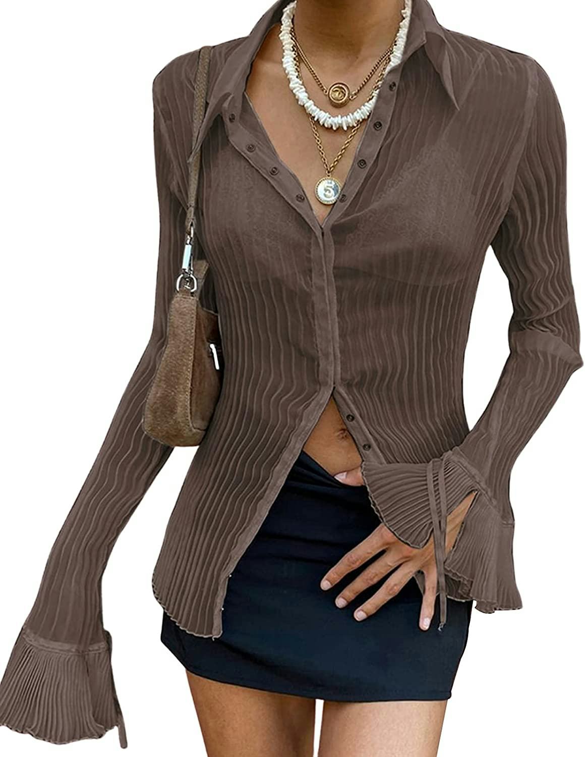 Meihuida Sheer Button-Up Blouse