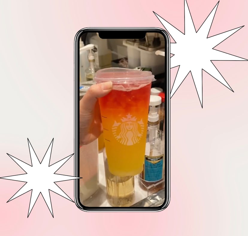 The Coachella Sunrise Starbucks drink is the pineapple refresher with passion tea on top.