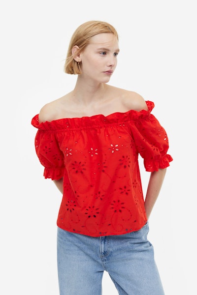 A red off-the-shoulder shirt with pintucked flowers, the perfect shirt to consider with other Mother...