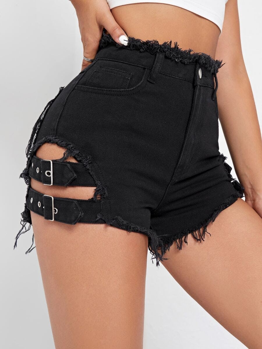 Raw Hem Strap Detail Denim Shorts