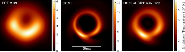 three side by side ring-shaped structures representing images of a giant black hole