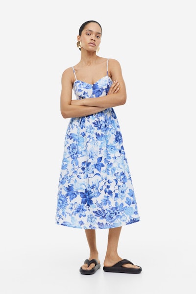A blue floral print linen dress, perfect for your Mother's Day outfit ideas