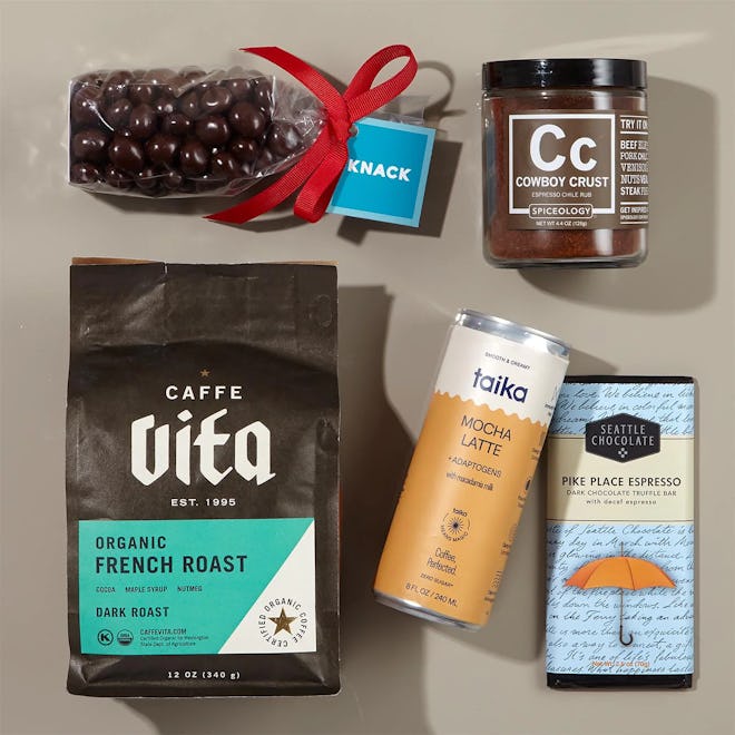 A Mother's Day gift basket idea: a curated coffee gift box with beans and coffee accessories