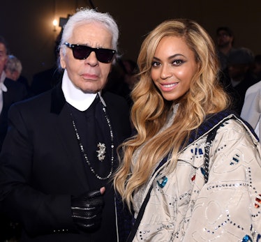 Chanel Artistic Director Karl Lagerfeld (L) and Beyonce attend the CHANEL Paris-Salzburg 2014/15 Met...