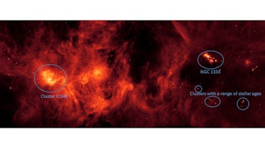 Key features in the Perseus Molecular Cloud are circled. The nursery highlighted in the Hubble image...