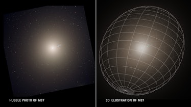 A photo of the huge elliptical galaxy M87 [left] is compared to its three-dimensional shape as glean...