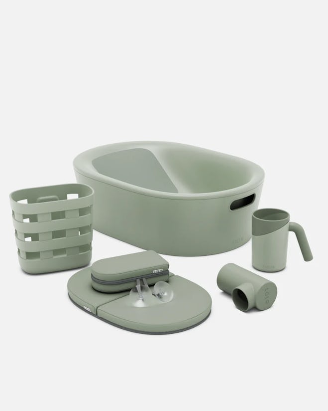Bathtime Kit for Baby with bath tub, knee and elbow savers, and bathtub accessories and toy bin