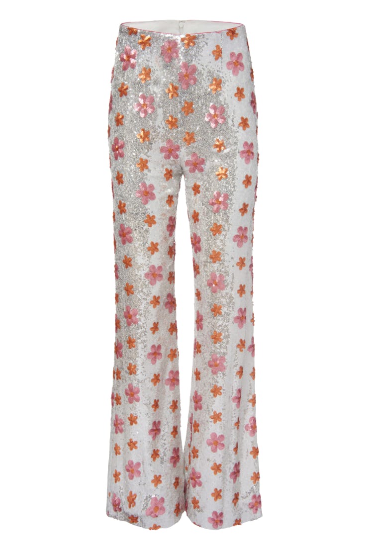 markarian Ines Silver Sequin Floral High-waisted Flare Pant