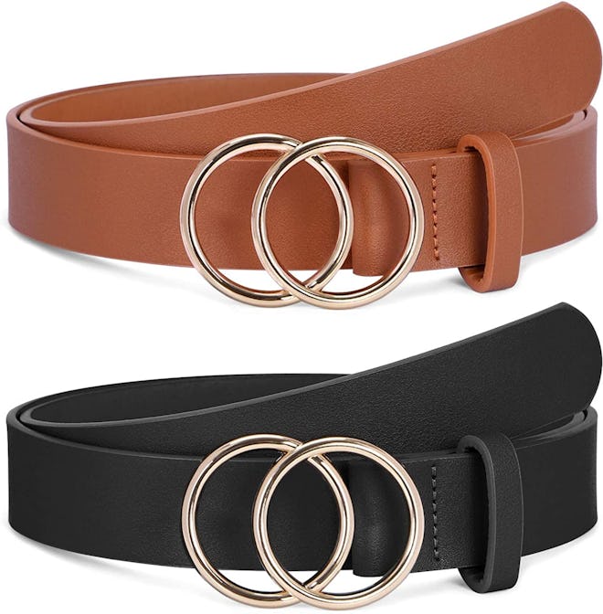 SANSTHS Double O-Ring Buckle Faux Leather Belt (2-Pack)