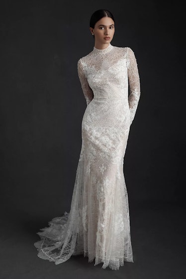 Watters Frances High-Neck Lace Sheath Wedding Gown