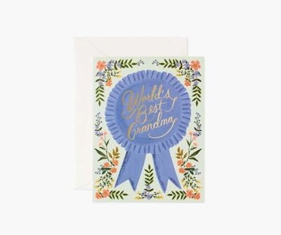 Mother's Day card for grandma with a blue ribbon reading "World's Best Grandma"