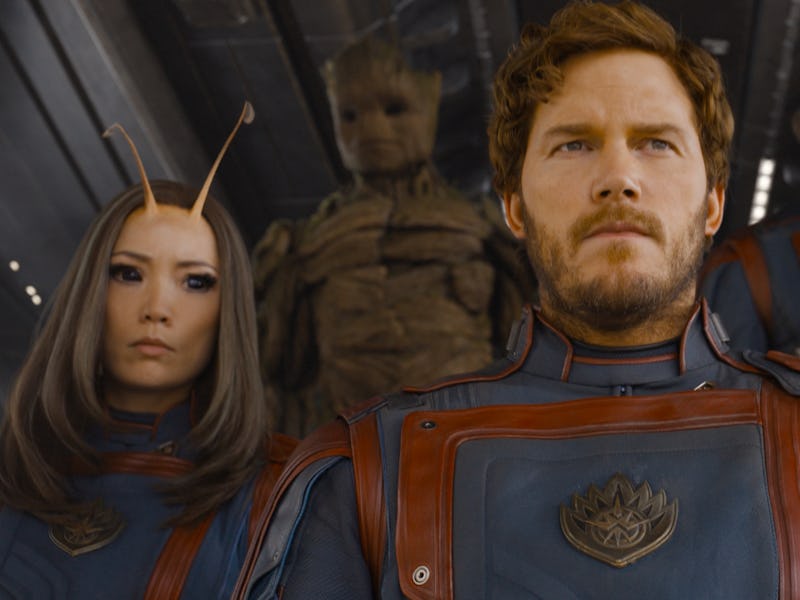 Pom Klementieff as Mantis, Groot (voiced by Vin Diesel), Chris Pratt as Peter Quill/Star-Lord, Dave ...