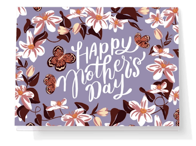 Mother's Day card with flowers and butterflies on purple background