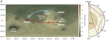 This diagram shows the sources of the study’s two seismic events. On the left, the blue line represe...