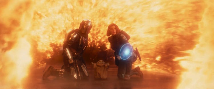 Grogu saves Din Djarin and Bo-Katan from an explosion in The Mandalorian Season 3