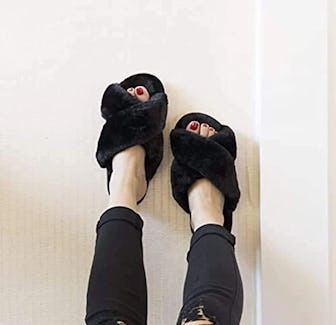 Crazy Lady Fuzzy Cross Band Slippers