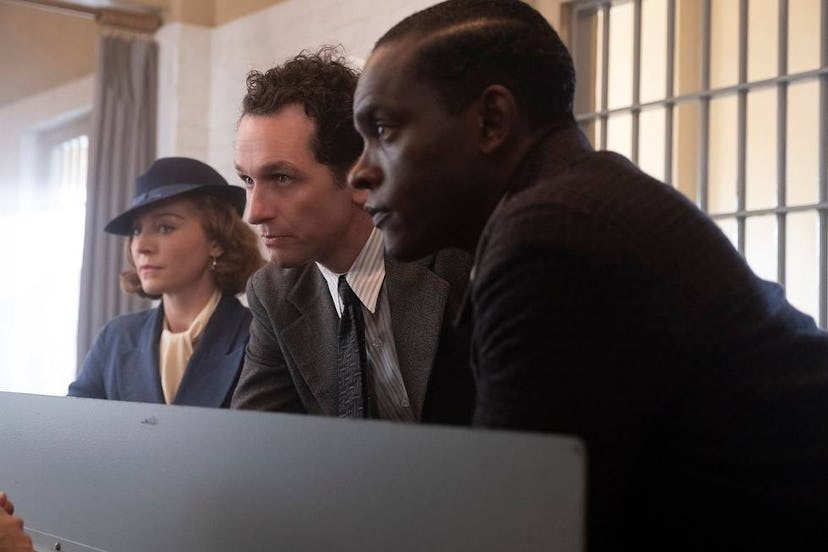 Juliet Rylance (Della Street), Matthew Rhys (Perry Mason), and Chris Chalk (Paul Drake) in ‘Perry Ma…