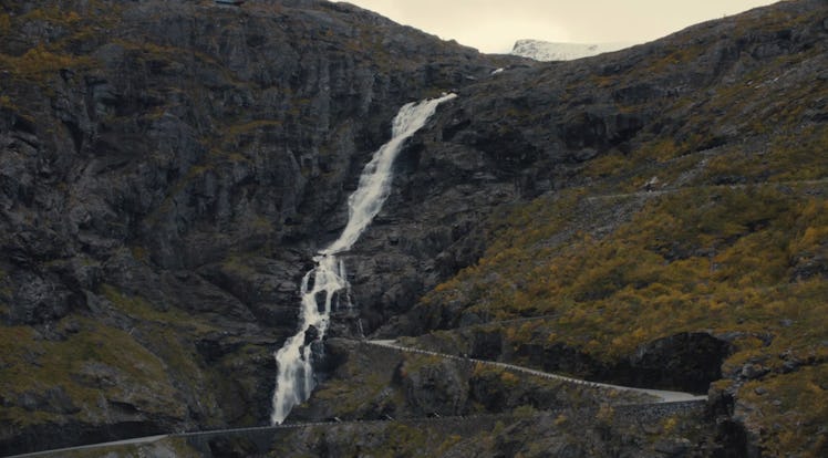 The road with a waterfall is one of the Season 4 'Succession' filming locations in Norway. 