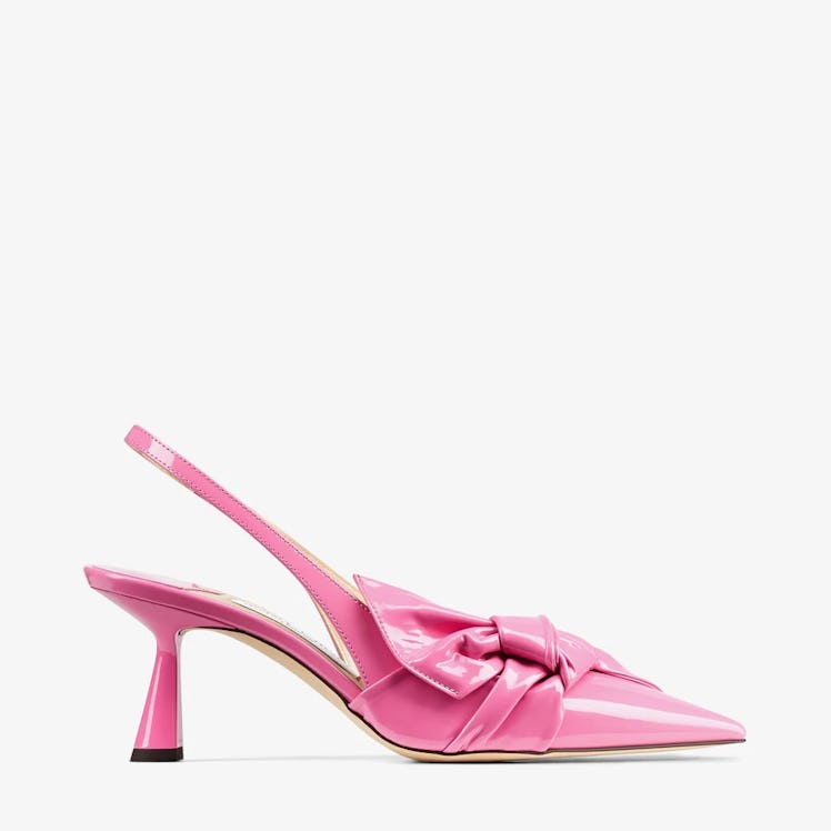 Candy Pink Soft Patent Pointed-Toe Slingback Pumps Kitten Heels