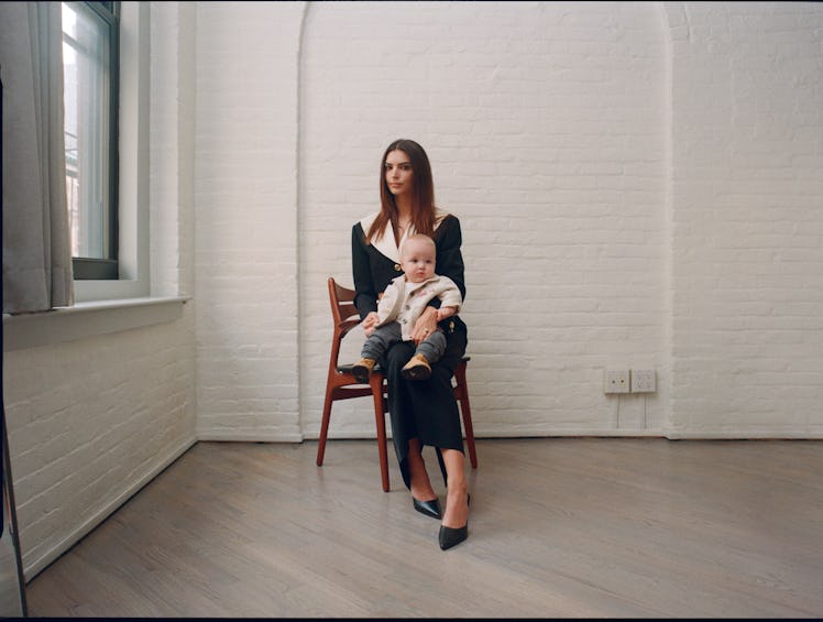 Emily Ratajkowski holds her child, Sylvester Apollo Bear in their home in New York City