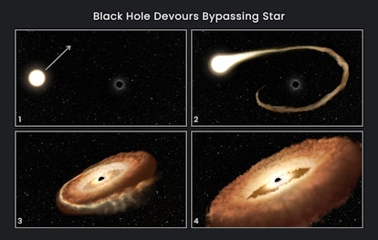 This sequence of artist's illustrations shows how a black hole can devour a bypassing star. 1. A nor...