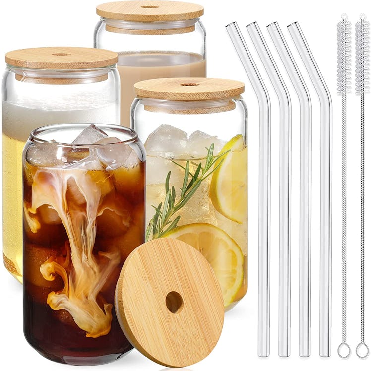 NETANY Drinking Glasses with Bamboo Lids and Glass Straw (4-Pack)