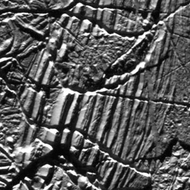 A close-up image of Europa’s surface in the 1990s  that could indicate landslides.