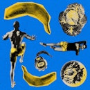 拼贴与体重相关的图片,包括一个香蕉,一个人做一个高膝盖锻炼,圣……
