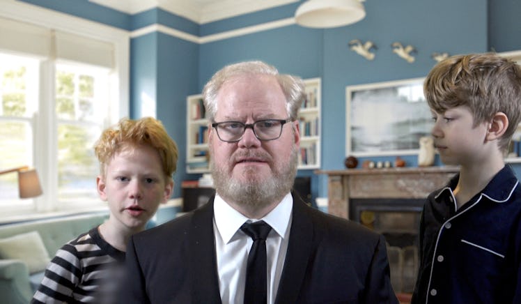 Jim Gaffigan, on zoom, with two kids staring at him