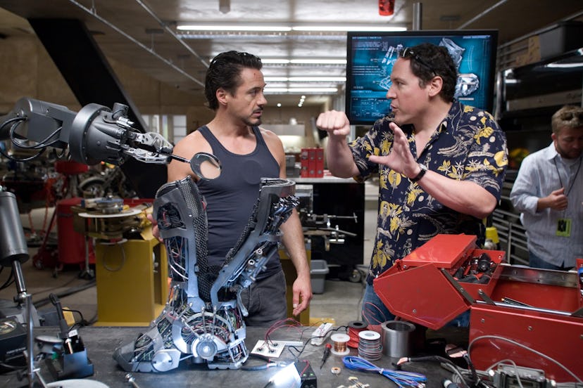 Robert Downey Jr and Jon Favreau on the set of 'Iron Man,' the first MCU film released in 2008.