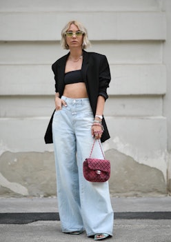 Women's White Cropped Top, Light Blue Skinny Pants, White Leather Heeled  Sandals, Tan Leather Clutch