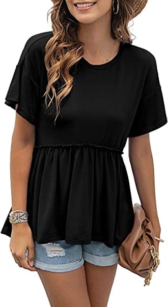 If you're looking for comfy and simple closet staples, consider this peplum blouse with a ruffle hem...