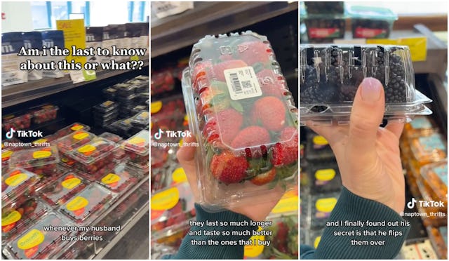 TikToker @naptown_thrifts shares her husband's method for ensuring they buy the freshest fruit.