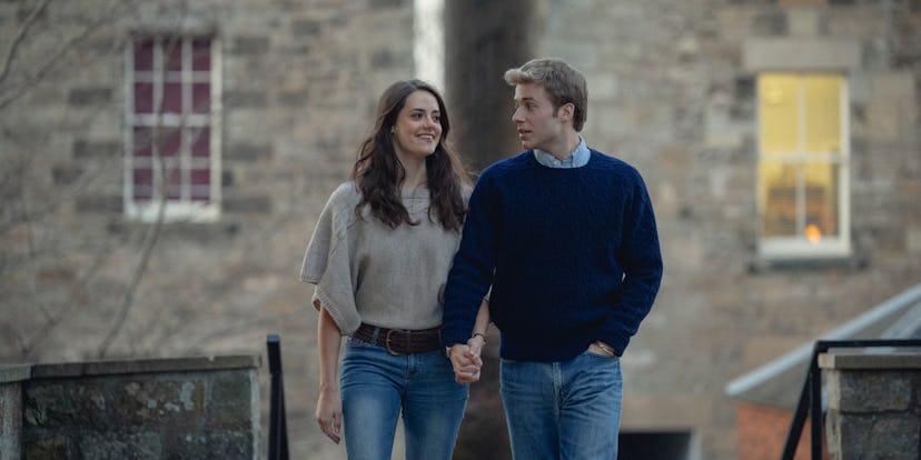 Meg Bellamy as Kate Middleton and Ed McVey as Prince William in 'The Crown' Season 6, via Netflix's ...