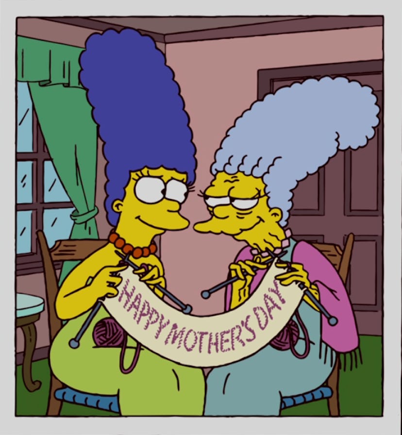 Marge and her mother knit a banner in The Simpsons Mother's Day episode.