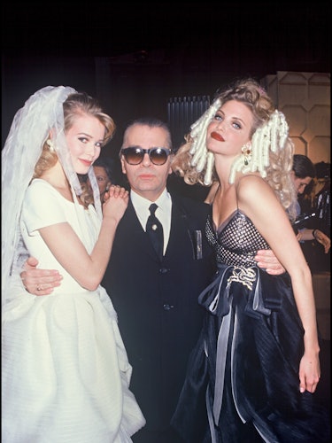 Claudia Schiffer, Karl Lagerfeld and Nadja Auermann, Chanel Haute Couture fashion show spring summer...