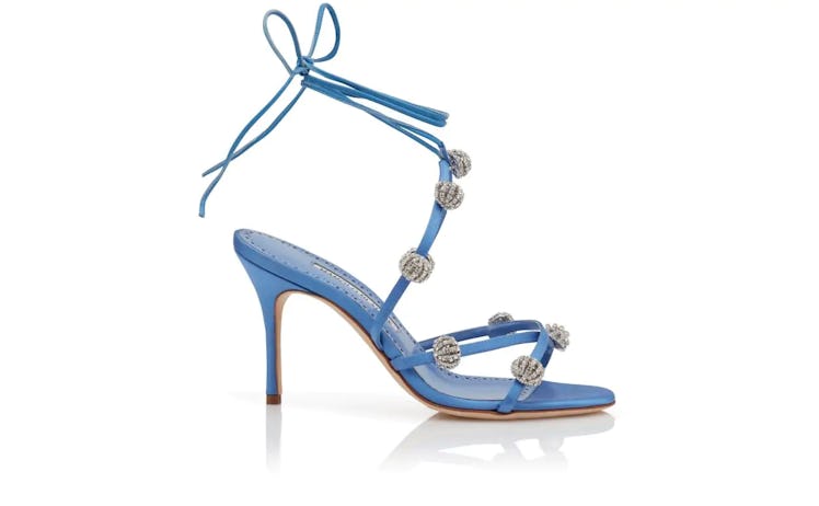 Manolo Blahnik Blue Satin Strappy Embellished Sandals