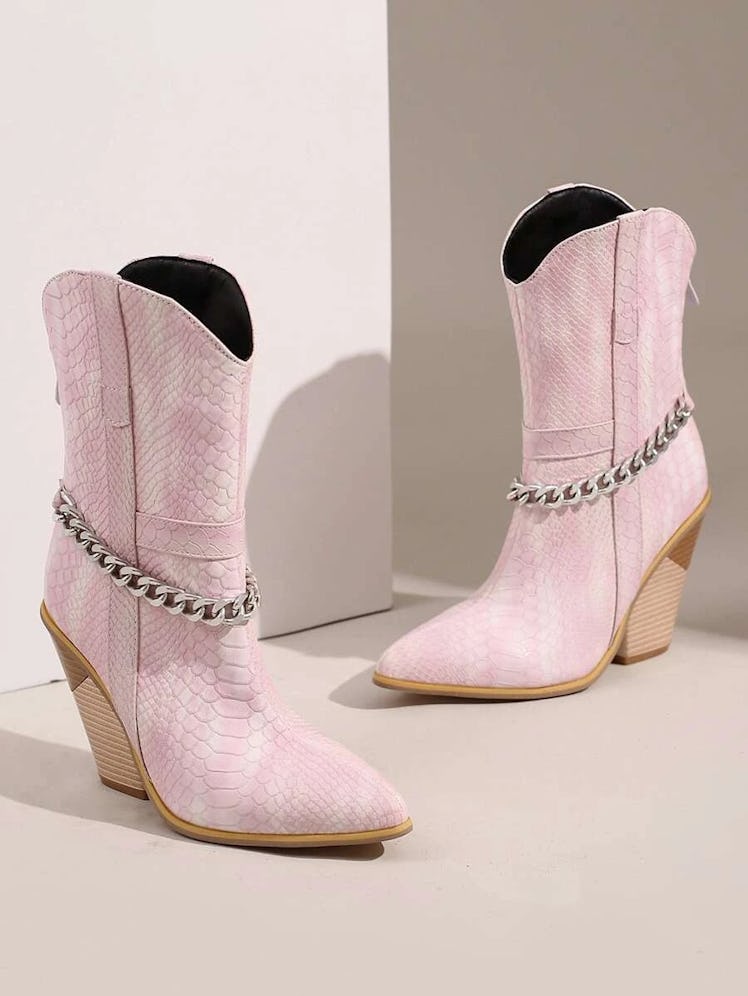 Snakeskin Embossed Chain Decor Western Boots
