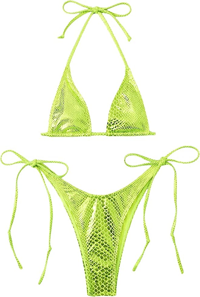SOLY HUX Snakeskin Print Halter Triangle Tie Side Bikini Set