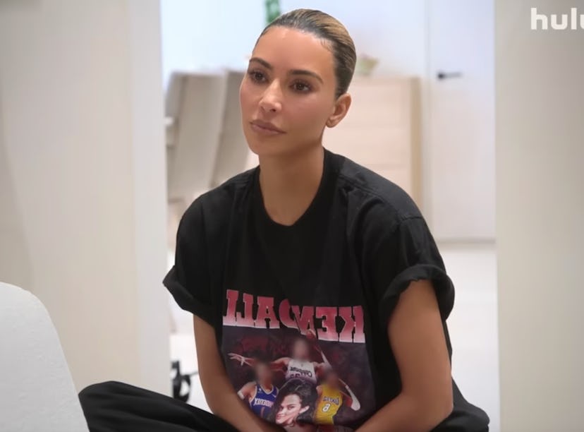 Kim Kardashian wearing a t-shirt featuring Kendall Jenner's NBA exes