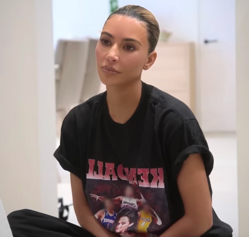 Kim Kardashian wearing a t-shirt featuring Kendall Jenner's NBA exes
