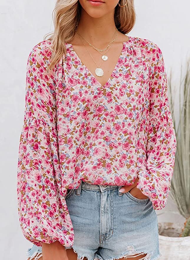 SHEWIN Floral Print V-Neck Blouse