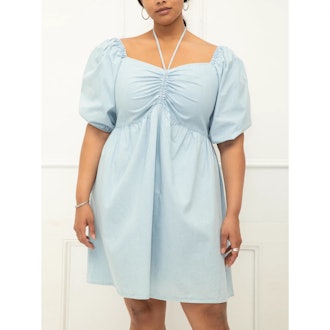 Chambray Tie Neck Puff Sleeve Dress