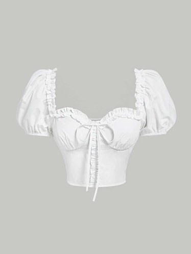 Frill Trim Knot Front Puff Sleeve Crop Blouse