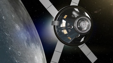 A cylindrical spacecraft  flies over the Moon, in this illustration.