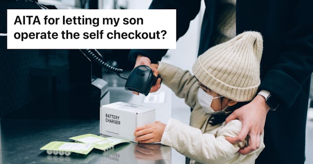 A mom is taking heat for letting her young son operate the self-checkout at a store on a busy day.