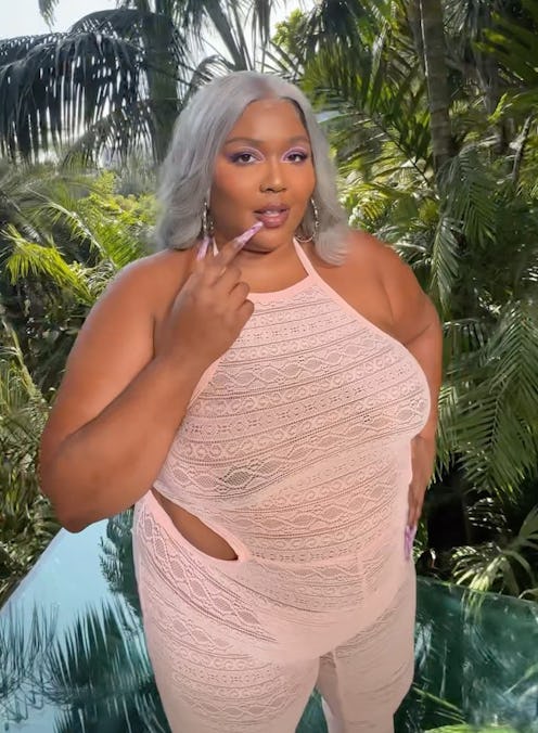 Lizzo pink vacation nails and gray wig