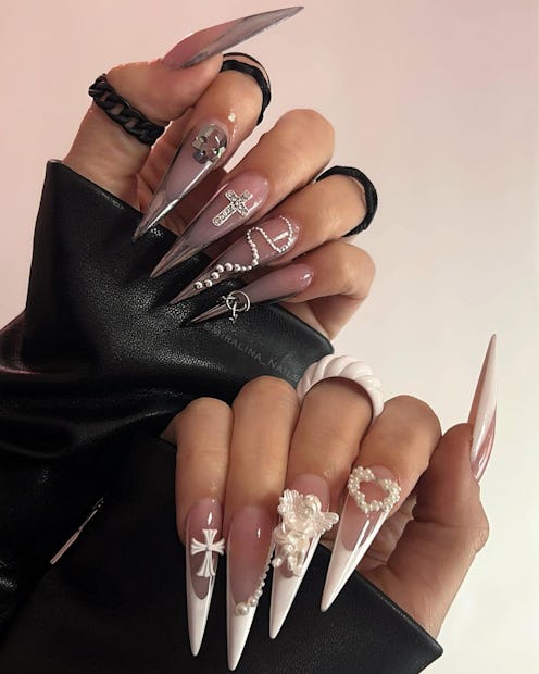 Edgy soft goth nail designs Wednesday Addams would approve of.